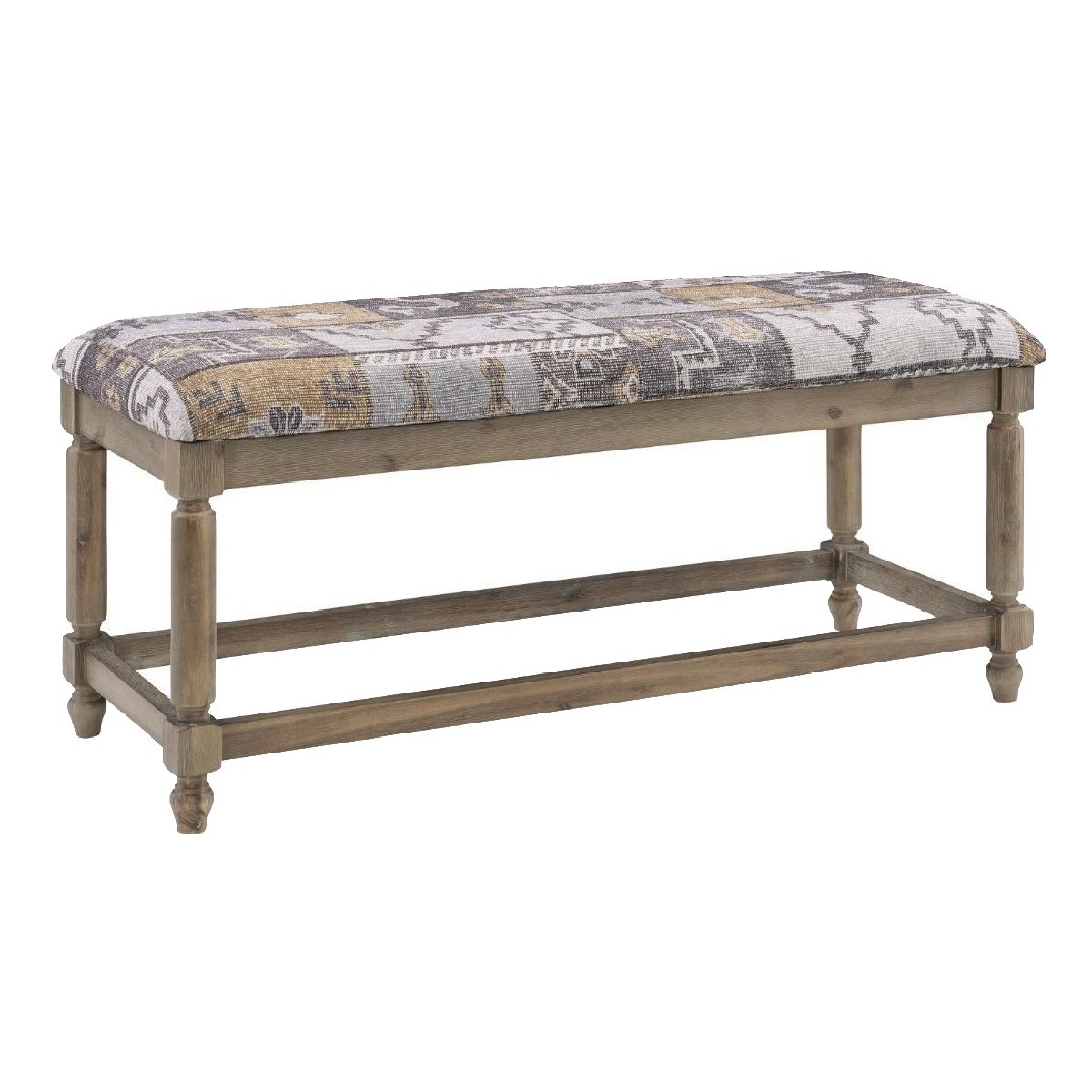 Fabric Upholstered Wooden Bench with Bohemian Print, Gray and Brown