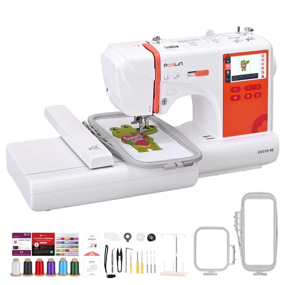 Poolin EOC03RE Embroidery Machine 4x9.25" Large Area, 4.3" Touch Screen, Wifi Connectivity with embroidery Kit