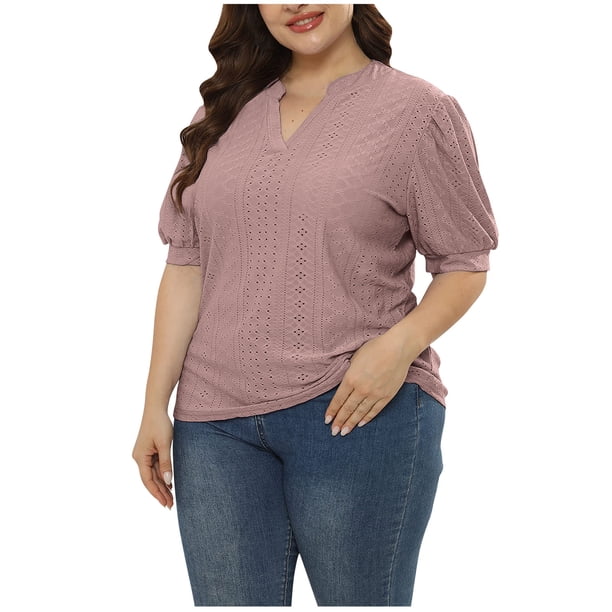 Fiudx Camisas de Mujer Camisetas de Talla Grande para Mujer con Cuello En V y Manga Corta Abombada, Blusas Informales de Verano con Agujeros