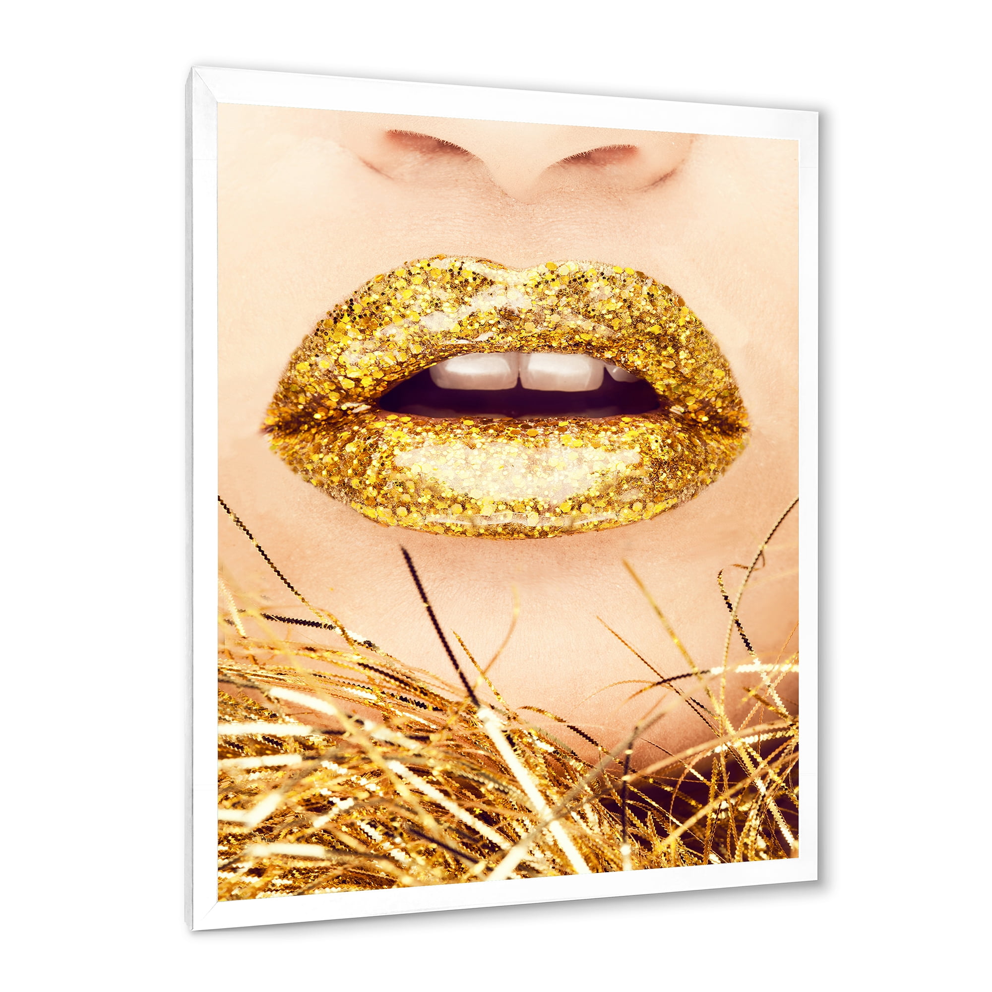 Designart 'Close-Up Of Golden Female Lips I' Modern Framed Art Print
