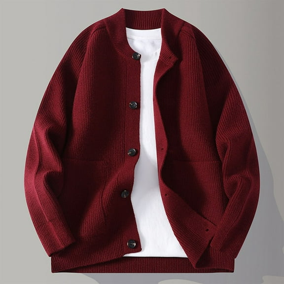 WMTBSRSW Oversized Cardigan Sweater for Men Vintage Cable Knit Button Sweaters with Pokcets Casual Long Sleeve Sweater Coat Winter Fall Outwear Red M