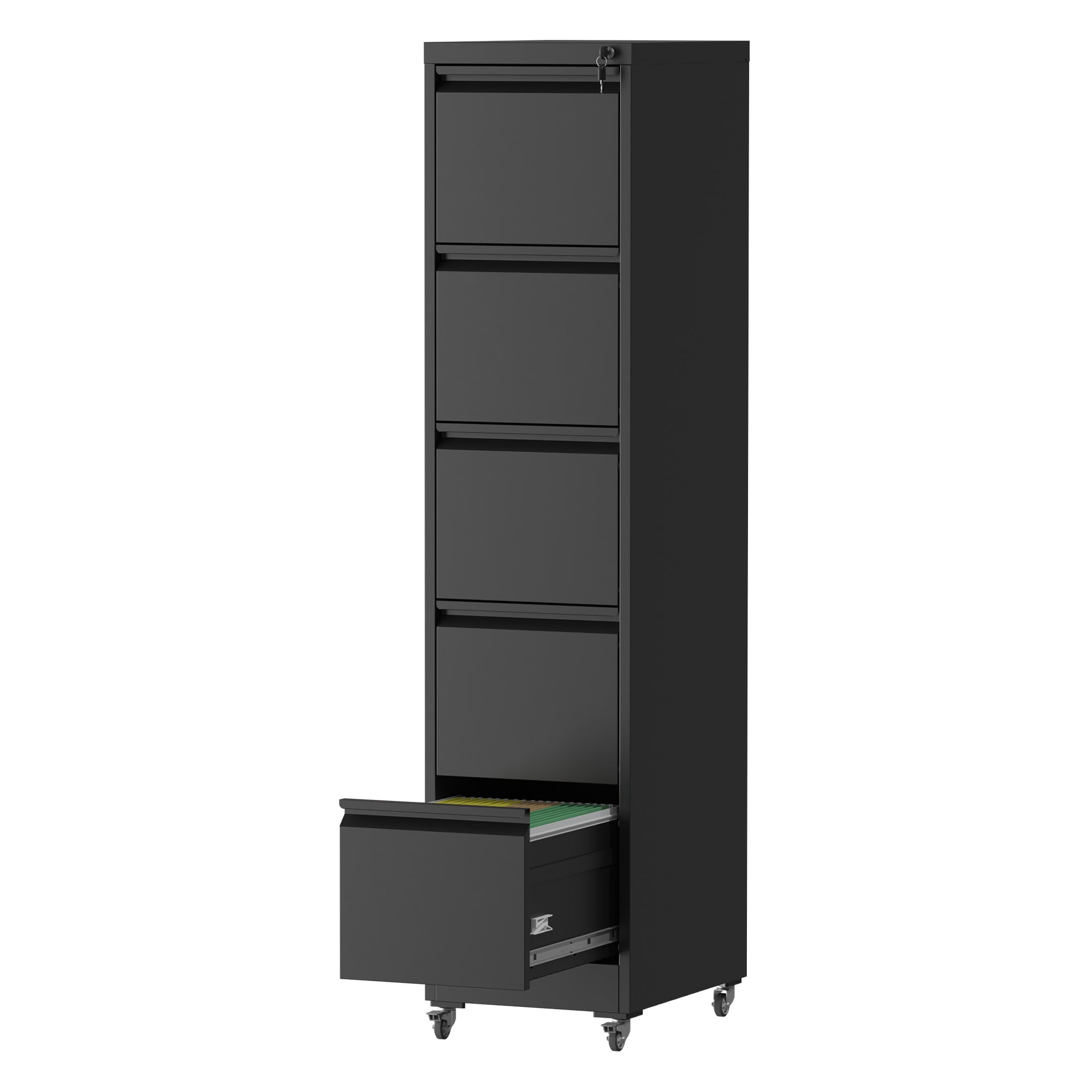 5 Drawer Metal Vertical File Cabinet with Lock on Wheels for Home Office,Heavy Duty Metal Storage Cabinet for A4/Letter/Legal Size Files, Black, 17.71"D*15.16"W*64.17"H