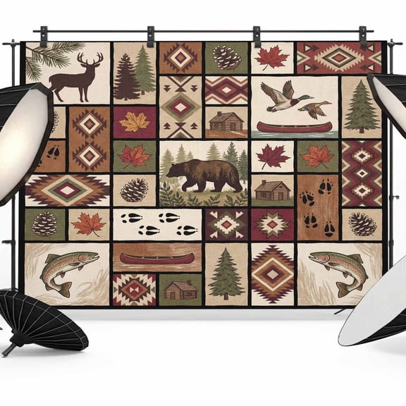 Country Patch Plaid Backdrop for Photoshoot,Photography Photo Studio Background Wall Backdrop,Brown Farmhouse Retro Bear Deer Cabin Back Drop Banner Panel for Portraits Wedding Live Streaming 12x8Ft