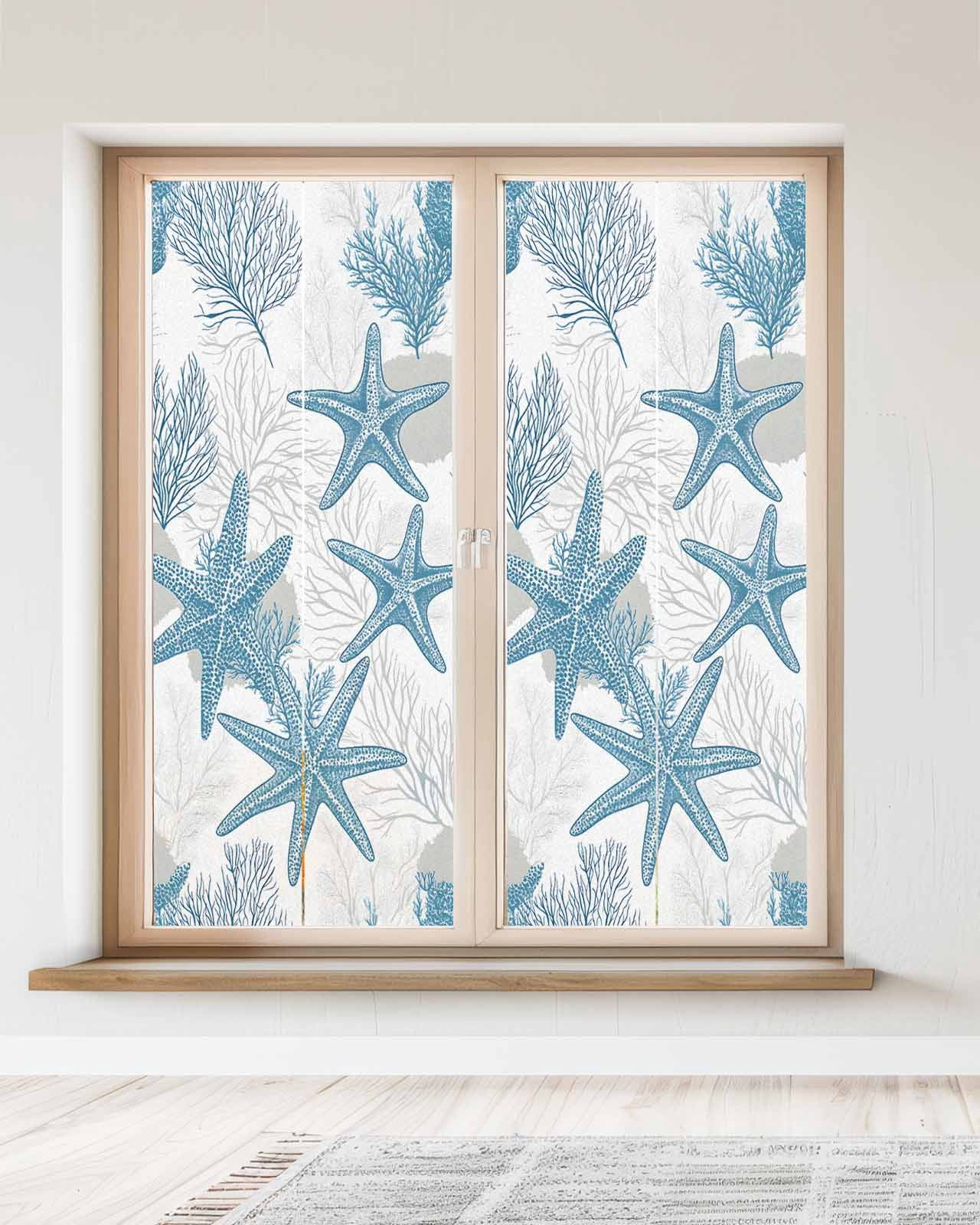 Window Privacy Film Blue Starfish Coastal Stained Glass Window Film Decorative Sun Block Window Cover Nautical Summer Beach Coral Ocean Window Clings Static Adhesive Sticker for Bathroom 23.6"x59"