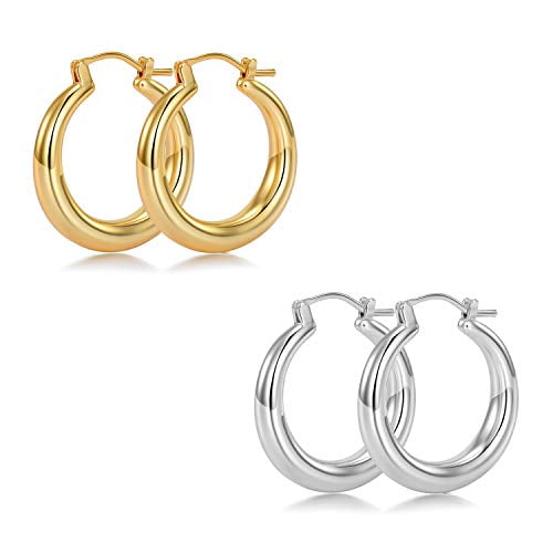 sovesi Chunky Gold Hoop Earrings for Women with 925 Sterling Silver Post 14K Gold Plated Thick Gold Hoops Earrings for Women 