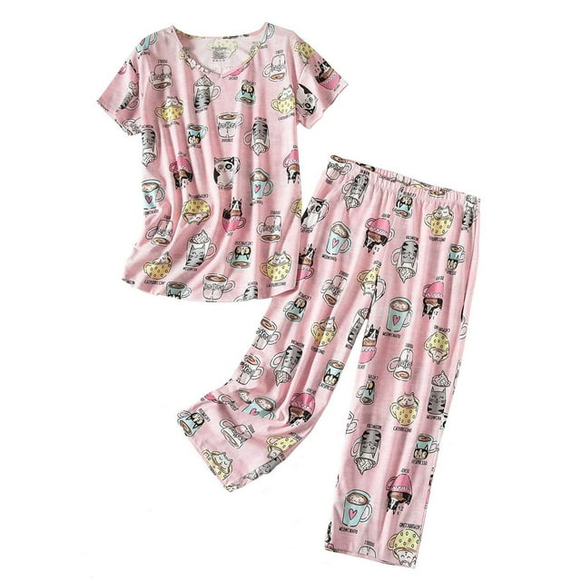 LUXUR Vêtements de Nuit pour Femmes Imprimé Libellule Pyjama Col en V Ensemble de Détente Manches Courtes 2 Pcs Rose P