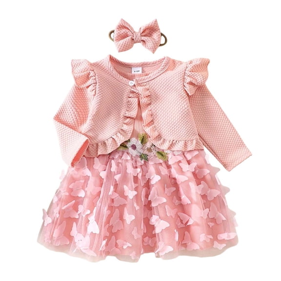 TBWNWG Toddler Girl Floral Mesh Dress Set With Matching Jacket And Detachable Bow Headband for Spring Fall Seasonal Wear,Sizes 9-12 Months