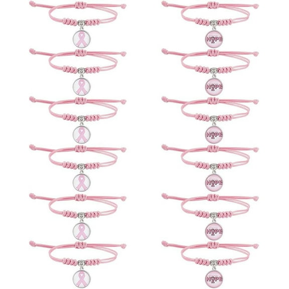 12Pcs Pink Ribbon Bracelets Breast Cancer Awareness Glass Charms Bracelet Adjustable Bracelet for Women Breast Cancer Awareness Month Accessories Gifts
