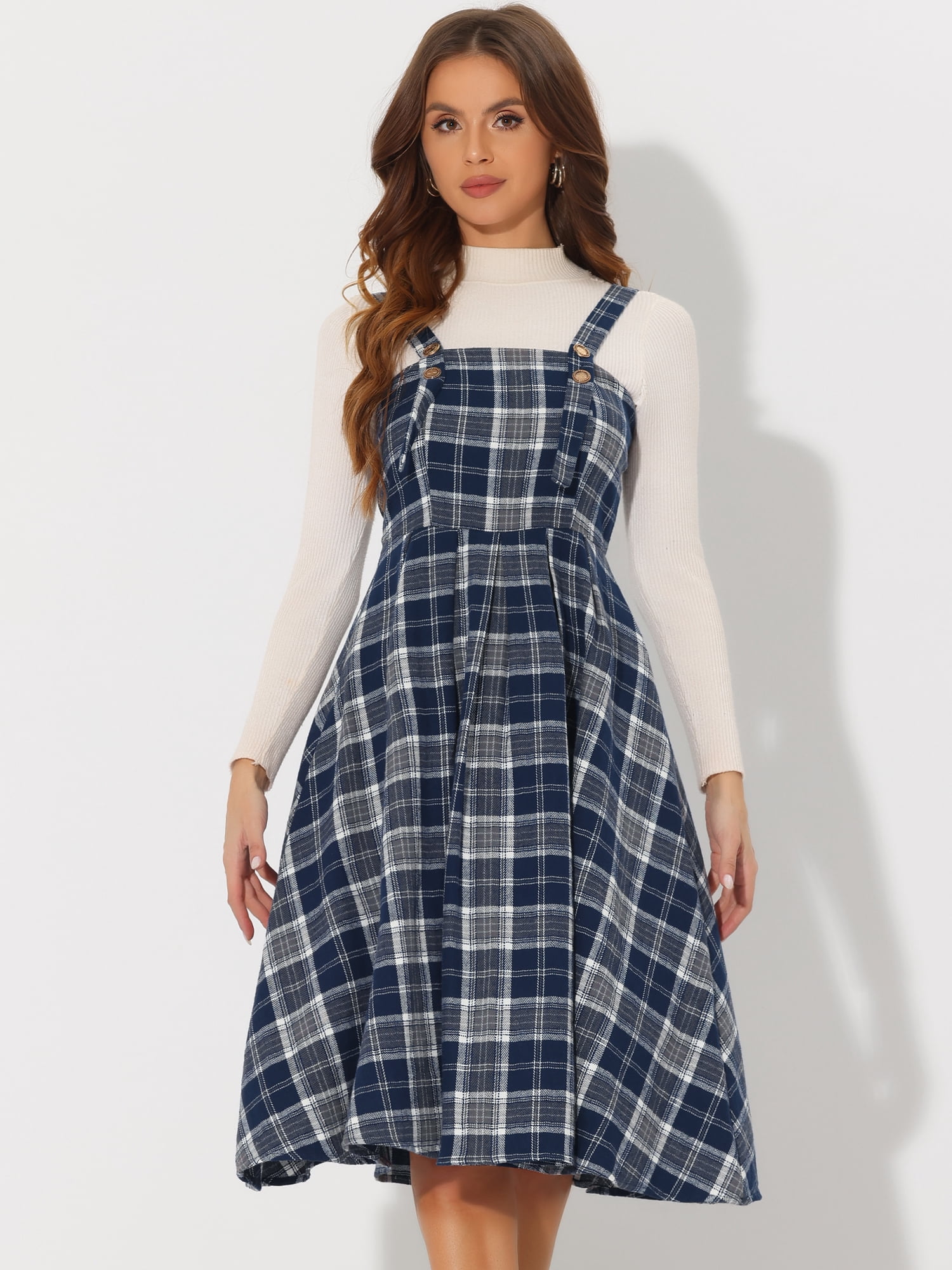 DARING DIVA Plaid Overalls Vintage Sleeveless A-Line Pinafore Dress XS Dark Blue