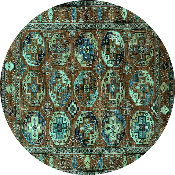 Ahgly Company Machine Washable Indoor Round Oriental Turquoise Blue Industrial Area Rugs, 8' Round