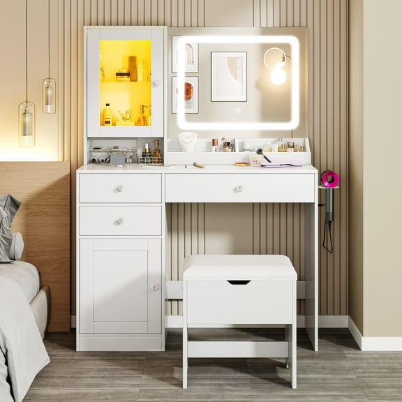 SESSLIFE Vanity Desk Set with Mirror & Lights, Makeup Dressing Table with Charging Station and Storage Stool, Makeup Desk with 3 Large Drawers, 2 Cabinets and Shelves for Women Girls Gifts, White