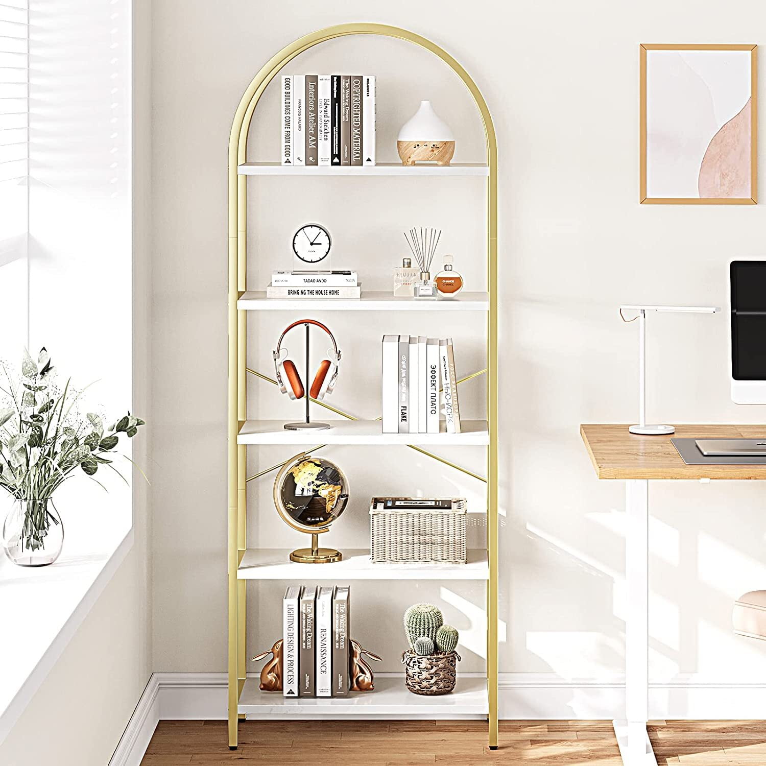 HOSSLLY 5Tier Gold Arched Bookshelf, Modern Free Standing Storage — free download