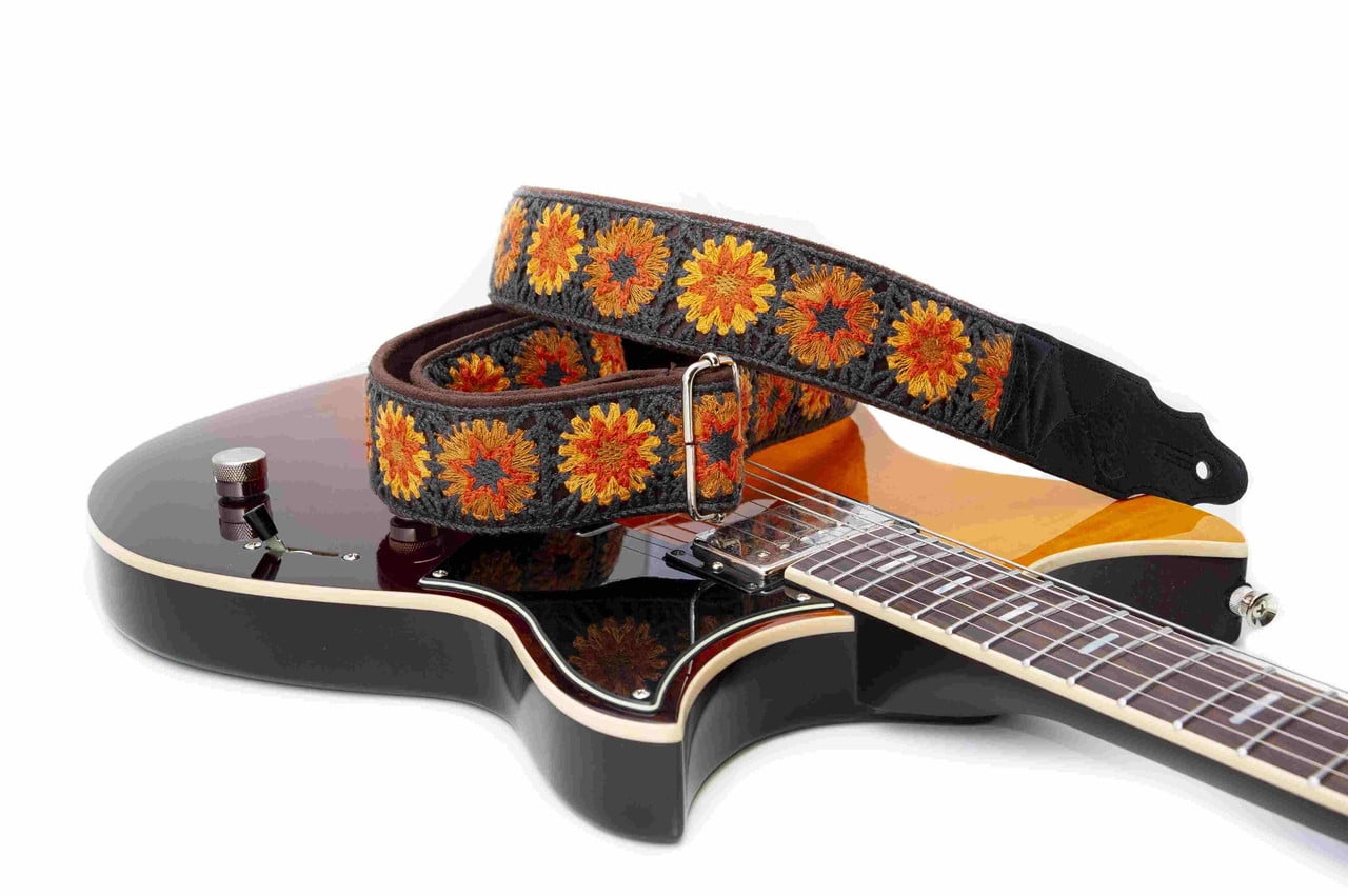 RightOn! Straps Crochet Guitar Strap | Vintage-Inspired Vegan Leather Strap - Brown