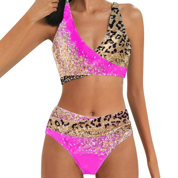Gibobby Conjunto de bikini sexy Tankini de talle con estampado de leopardo para mujer, bragas triangulares, conjunto de Tankini de dos piezas, traje de b(Rosa caliente,M)