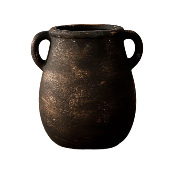 Ceramic Vase with Handles Double Ear, Farmhouse Rustic Vintage Flower Vase for Kitchen Table Centerpiece, Black Country Style Pottery for Dried Flowers or Bouquets