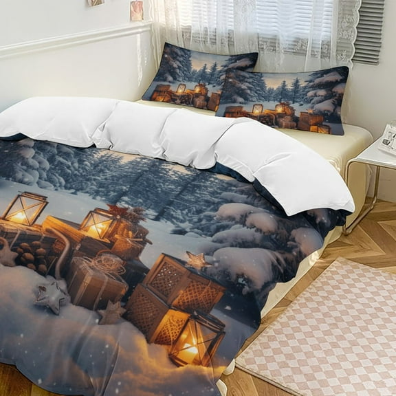 Christmas Snowman Snow House 3 Pieces Duvet Cover with Zipper Closure,Premium Polyester Lightweight Bedding Set