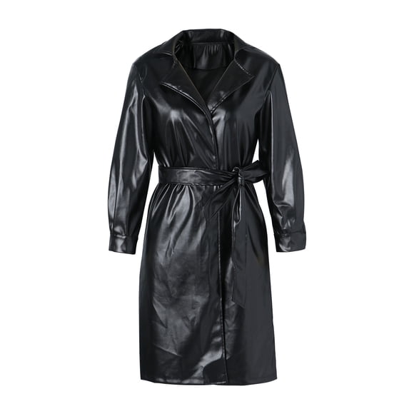 Women Leather Shirt Black PU Ruffle Shirts Fashion Female Lapel Long Sleeve Buttoned Blouse Tops Ladies Turn-Down Collar