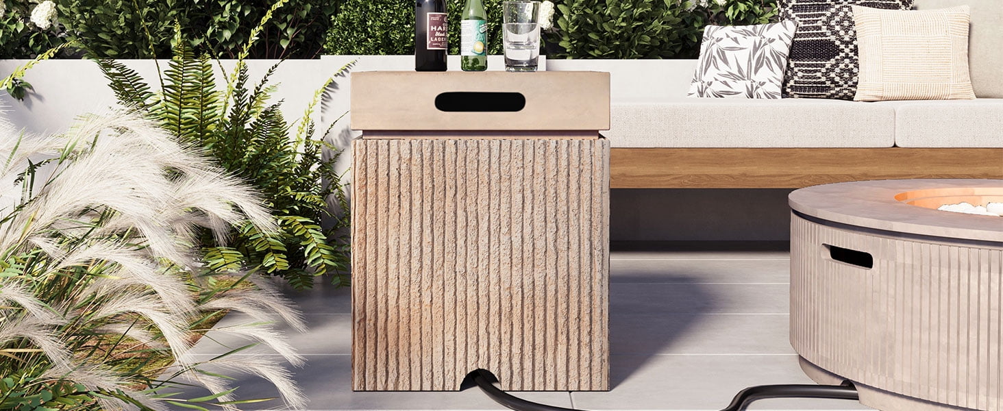 Mintazer 15.75" Outdoor Propane Tank Cover Table with Side Handles & Protective Cover, Side Table with Vertical Fluted Texture for Fire Pit Patio Backyard, No Assembly Needed, Reddish Brown