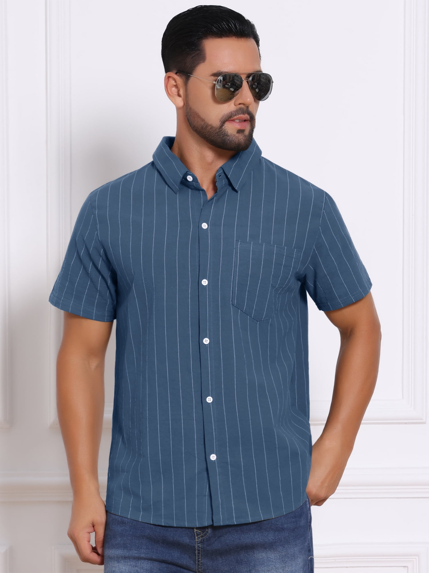 DARING DIVA Men's Point Collar Short Sleeve Button Down Stripes Shirts L Dark Blue