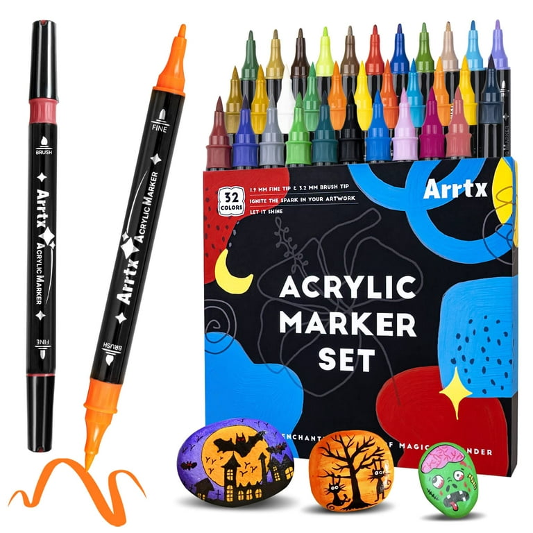 Arrtx Acrylic Paint Pens 32 Colors Brush Tip and Fine Tip (Dual Tip) Paint  Markers for Rock Painting Water Based Acrylic Painting Supplies for Fabric  Painting Wood Plastic Canvas Easter Egg