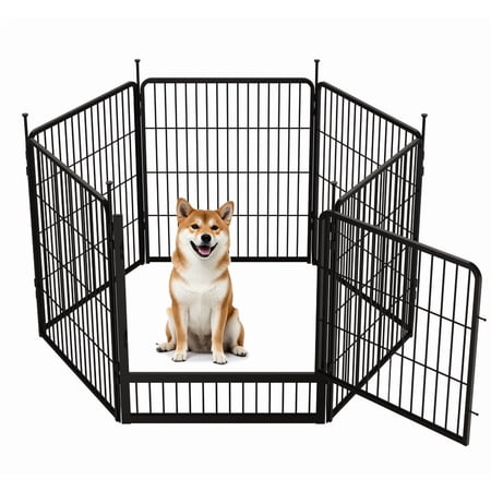 SunsGrove Dog Playpen with Wider Door 32 inch 6 Panels Heavy Duty Anti-Rust Pet Pen for Indoor Courtyard RV Camping for Medium Dogs Easy Insert into Soil Black
