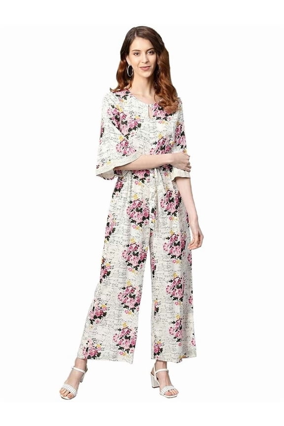 Juniper Off-White Floral Printed Rayon Slub Jumpsuit