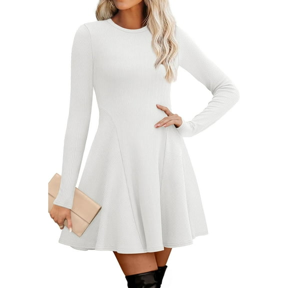 CAILDANL Sweater Dress for Women Fall 2025 Long Sleeve Crew Neck Ribbed Knit Fit and Flare A-Line Dresses