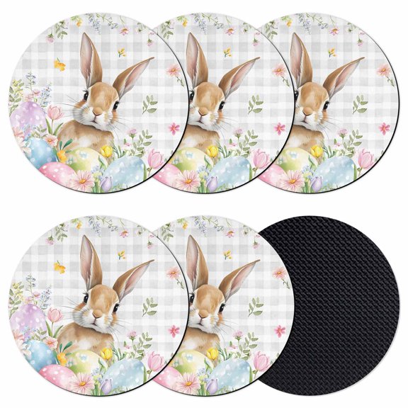 Easter Coasters Set of 6, Absorbent Coasters for Drinks, Spring Rabbit Eggs Blooms Flowers Leaf Grey Plaid Coaster for Desk Coffee Table Protection, Home Decor House Warming Gifts 4"