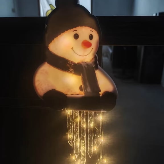 Lighted Snowman Railing Decoration, Seated Snowman with Hanging Icicle Lights for Porch, Deck, Balcony, Stair Rail and Outdoor Winter Display