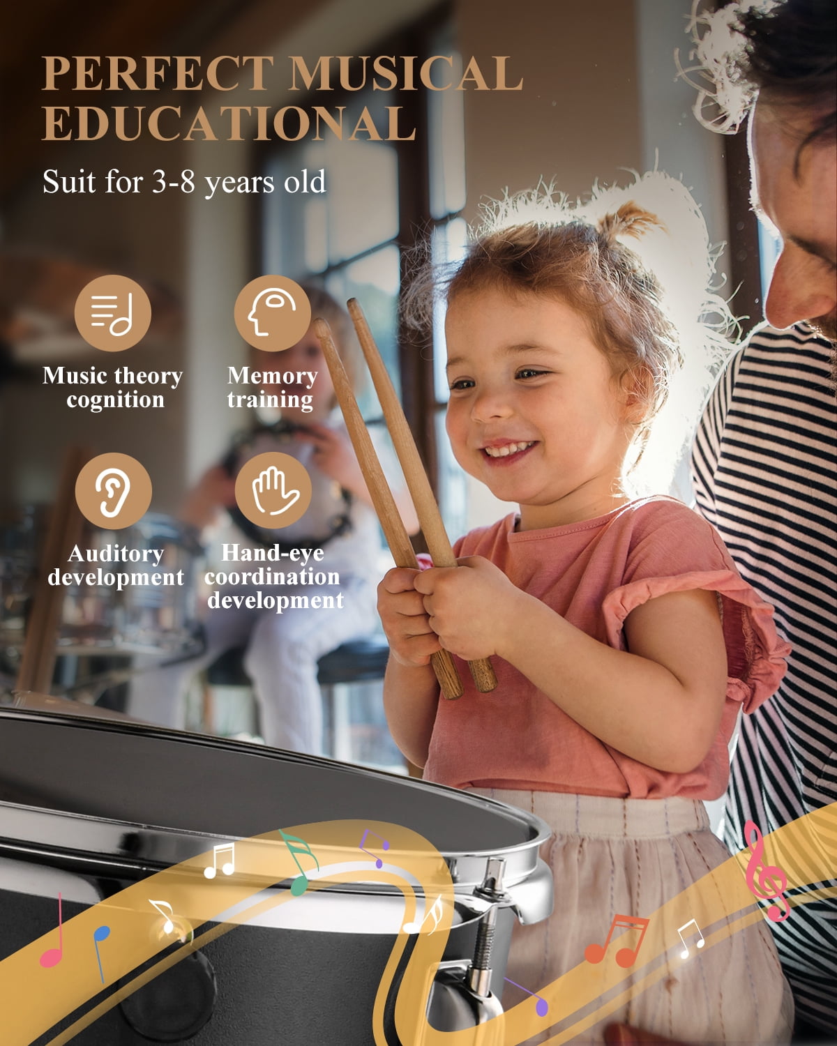 Eastar Beginners Drum Sets Colorful 14" Kids Drum Kit, Child Mini Percussion Instrument Toys, Drumming Stool Chair, Drumsticks, Mirror All Black