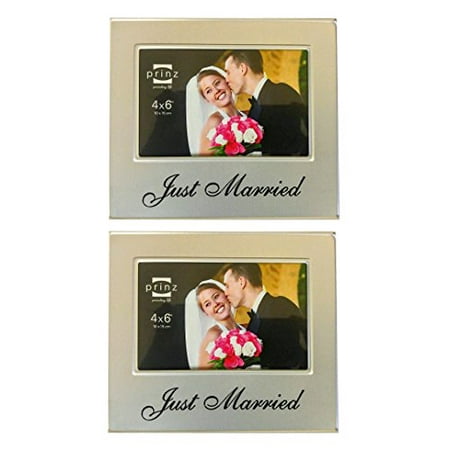 Just Add Photos - Set of 2 Metal Standing Picture Frame, 6 by 4-Inch, w/ Just Married Saying - Silver (2)