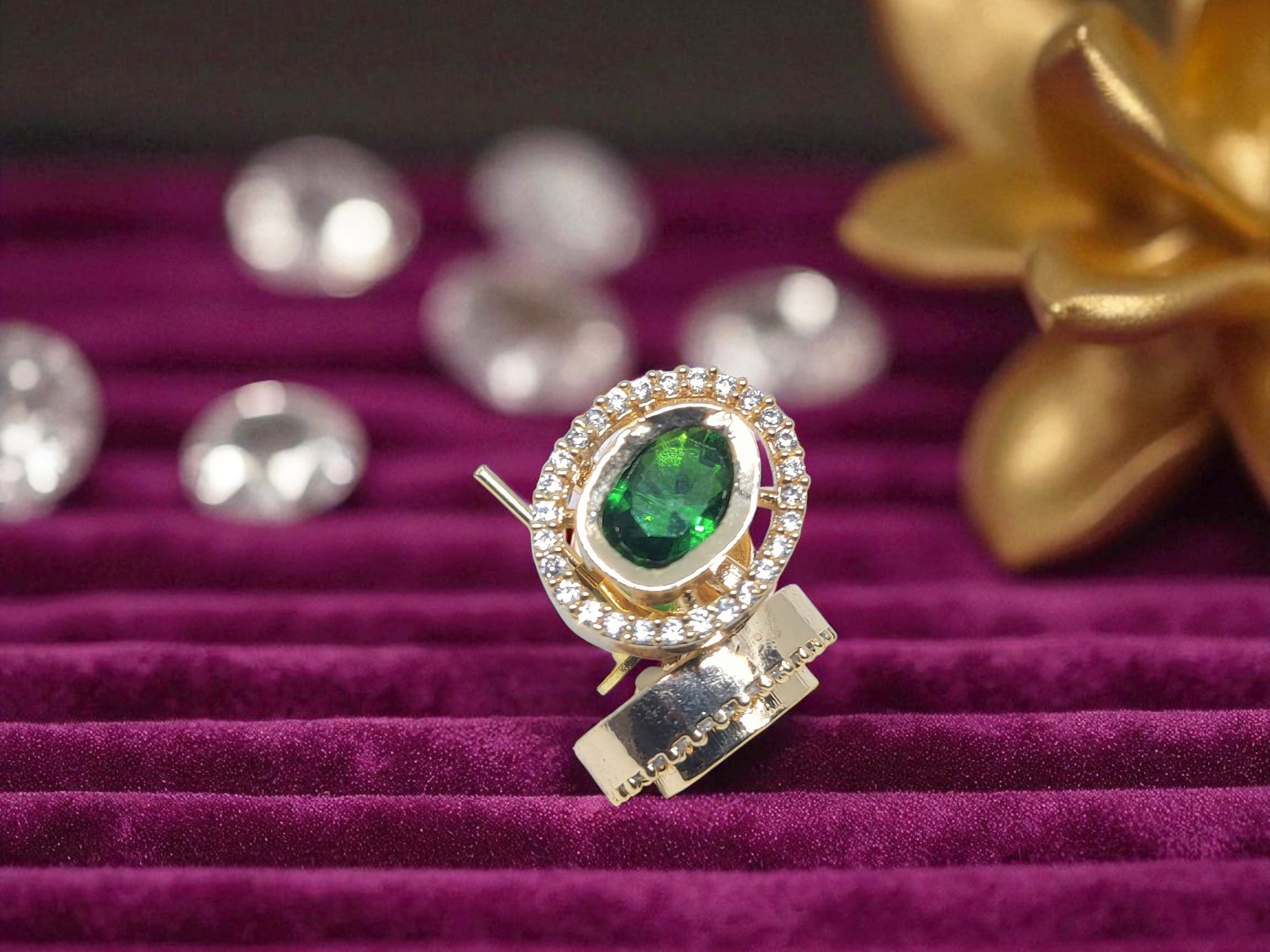 Juhi Jewels Gold Tone Brass Stud Earrings for Women – Green Crystal Gem with Clear Crystal Halo, Anti-Tarnish Fashion Jewelry