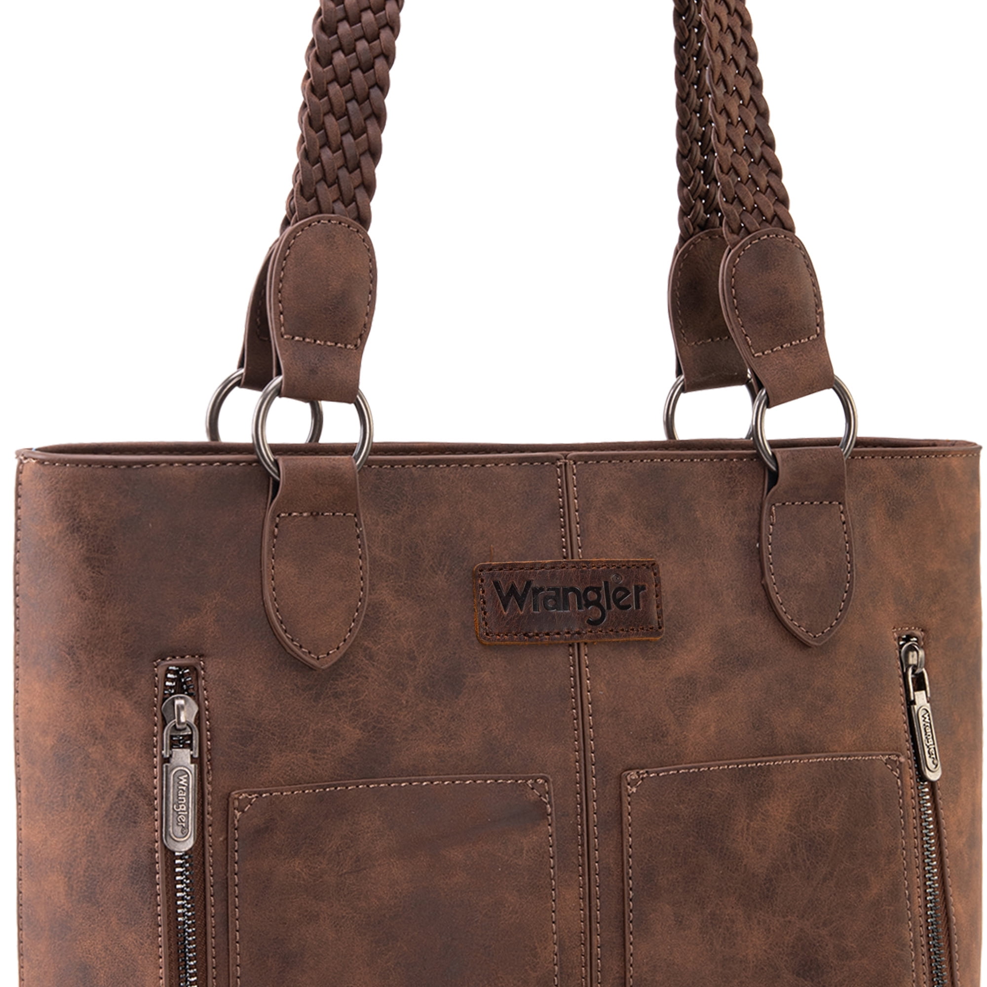 Wrangler Distressed Tote Bag for Women Western Purse Multi Pockets Handbags and Shoulder Bag, Braided-coffee Bean