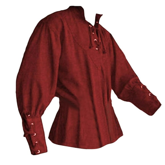 Ploknplq Men's Leisure Pirate Shirt Medieval Renaissance Relaxed Fit Hip Length Poet Collar Long Sleeve Lacing Red M
