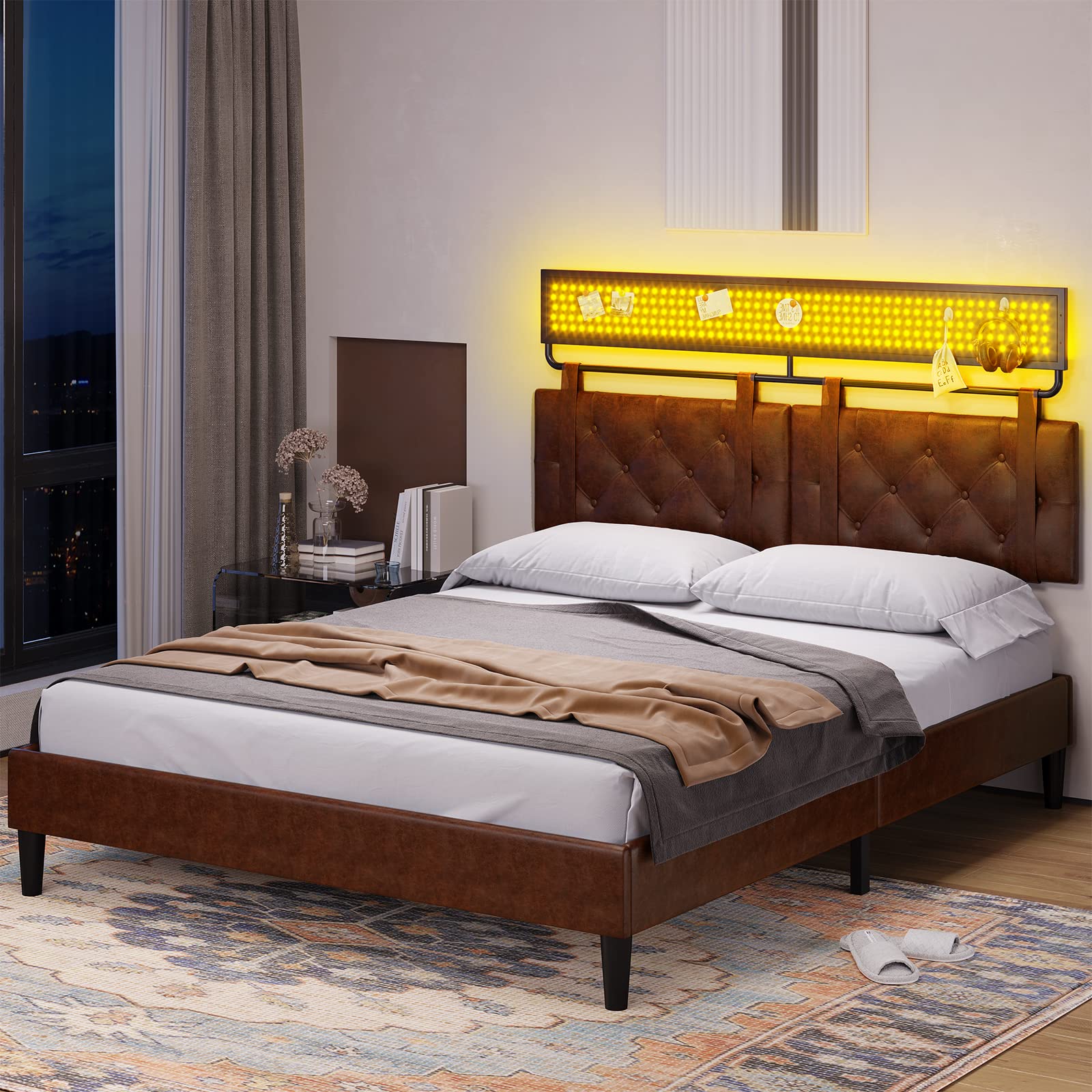 ADORNEVE Queen Platform Bed Frame with LED Lights, Faux Leather