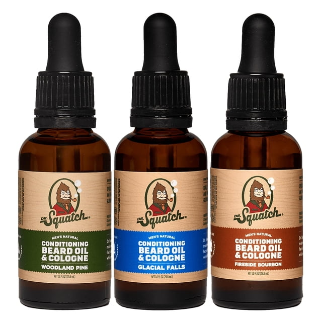 Dr. Squatch Aceite acondicionador para barba y colonia, paquete de 3 – Paquete de regalo de aceite natural para barba para hombre – Nutre e hidrata – Aroma de larga duración – Fireside Bourbon Glacial
