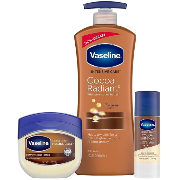 Vaseline Intensive Care Cocoa Radiant 3-Piece Bundle - Moisturizing Lotion (20.3 oz), Healing Jelly (7.5 oz), Shimmer Stick (1.4 oz) for Sensitive, Dry Skin