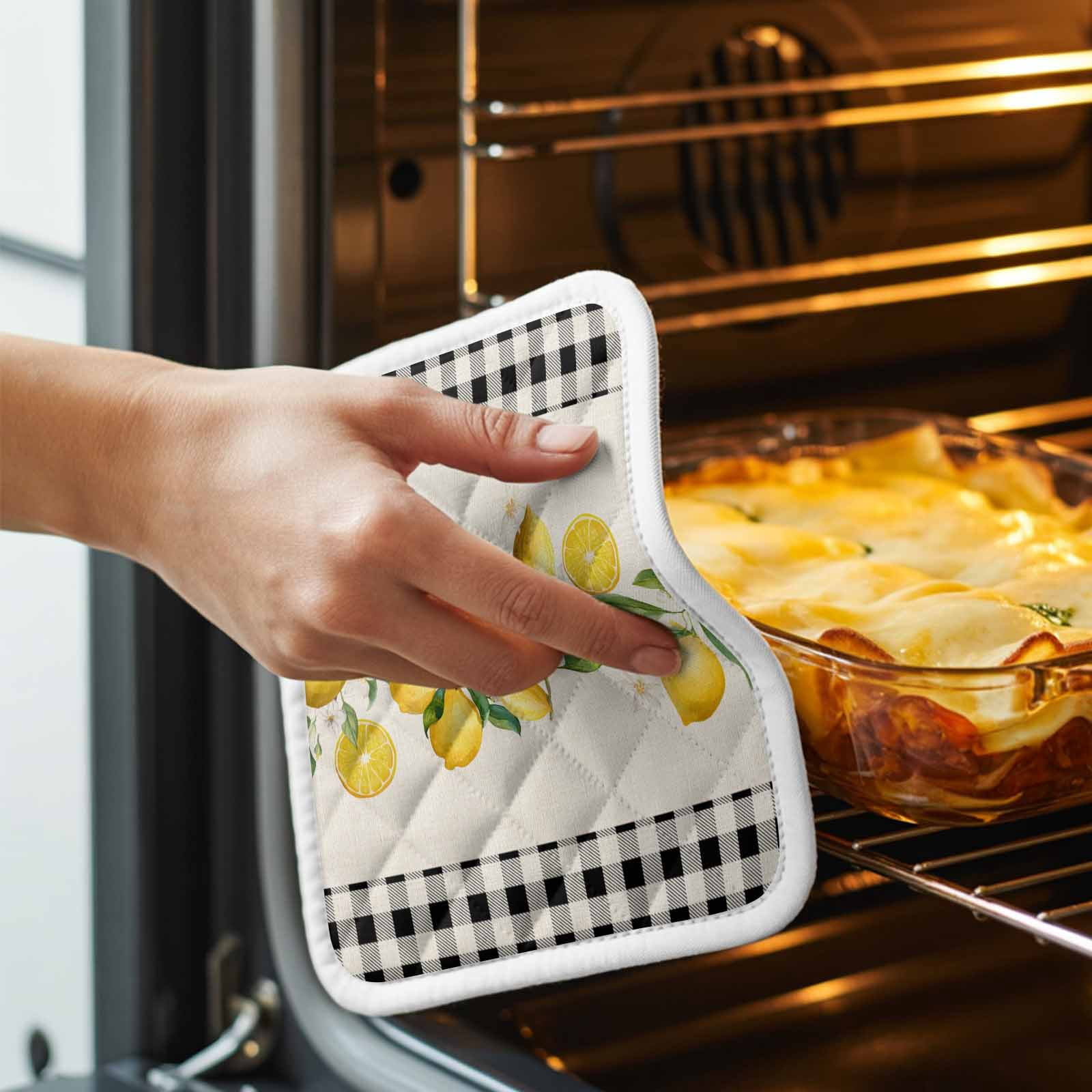 Yellow Lemons Pot Holders for Kitchen Heatproof Potholder, 5 Pack Summer Watercolor Fruits Plaid Hot Pads Multipurpose Oven Pads Cloth Potholders Trivet for Cooking Baking