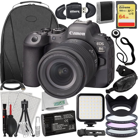 Ultimaxx Appareil Photo Canon R6 II avec Objectif 24-105mm f/4-7.1 Bundle - Inclut : Carte Mémoire 64 Go Extreme, Batterie de Rechange, Kit de Filtres Protecteurs 3 Pcs & Plus (Ensemble 29 Pcs)
