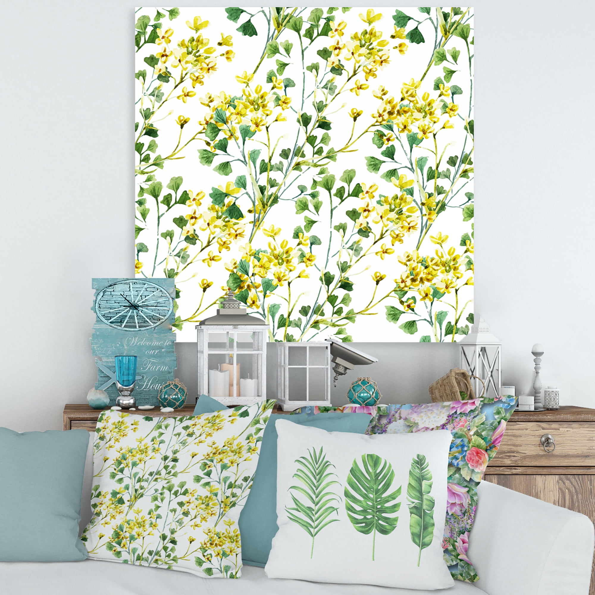 Designart ' Vibrant Yellow Summer Wildflowers On White ' Traditional Canvas Wall Art Print