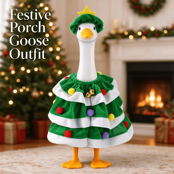 Porch Goose Outfits 2-Piece Christmas Tree Costume Set with Tiered Dress and Star Hat Fits 19 and 23 Inch Statues for Winter Holiday Front Porch Decor 2 Colors Available