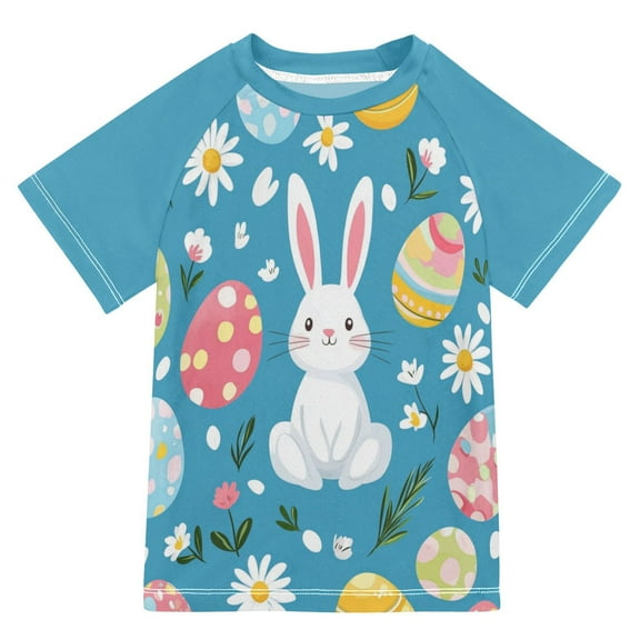 FORMRS Boys Rash Guard with Short Sleeves UPF 50 Swim Shirts Sizes 3-12T, Blue Easter Bunny