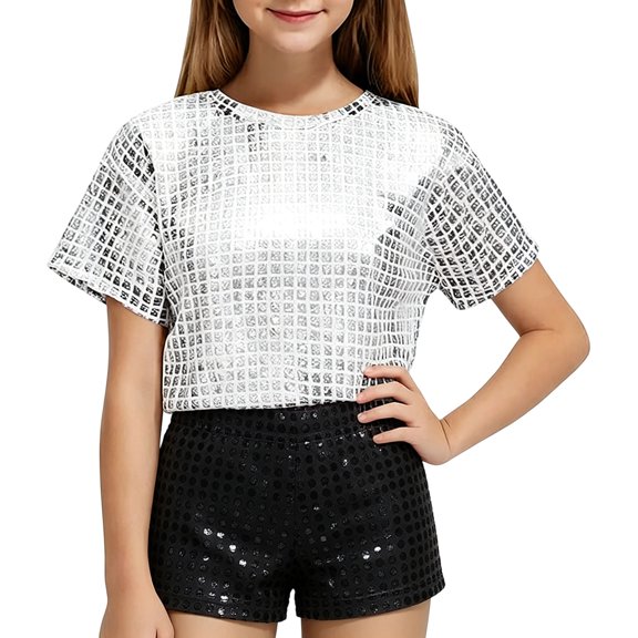 OOOUM Kids Sequin Shorts High Waist Sparkly Glitter Straight Leg Pants Shorts Children Party Bottoms Black 3-4 Years