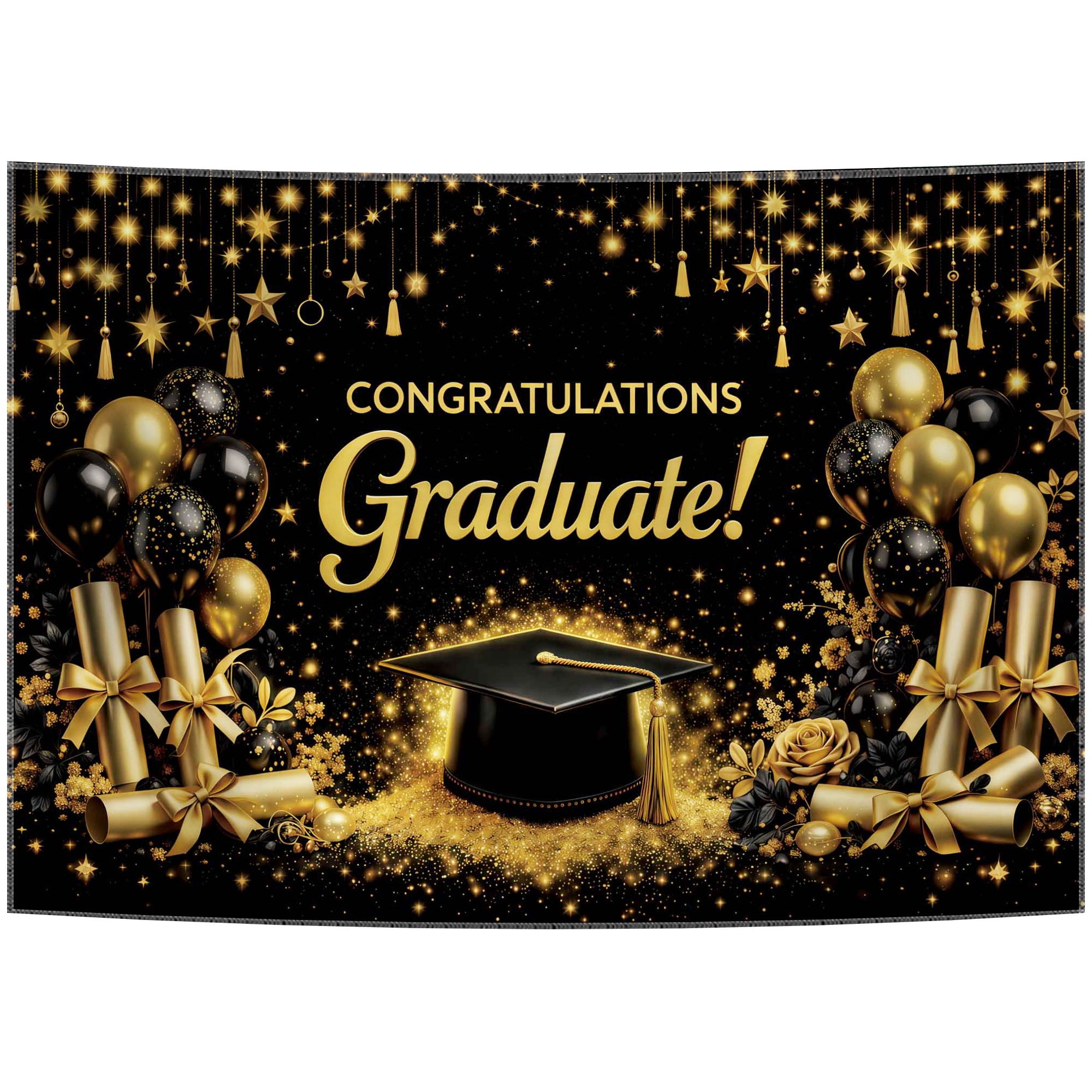 Fluzimir 10x8ft Polyester Fabric Golden Starlight And Black Graduation Photography Backdrop Class Of Background Bachelor Cap Balloon For Grad Congrats Prom Party Decoration Banner Picture Studio