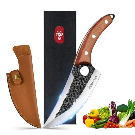 Kitchen Knife 7 Inch Handmade Boning Knife with Sheath, High Carbon Stainless Steel Core & Ergonomic Solid Wood Handle for Outdoor Use