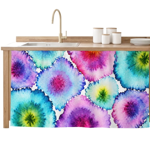 Abstract Tie-dye Sink Skirt for Bathroom, Self-Adhesive Under Sink Curtain, Modern Colorful Geometric Gradient Hide Pipes & Storage Fabric Cabinet Skirt Cover for Kitchen Laundry 32"x55"