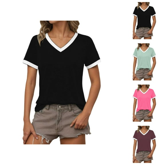 Womens T Shirts Summer Tops 2025 Color Block Short Sleeve V-Neck Loose Causal Stylish Tees Tshirts Shirts for Women