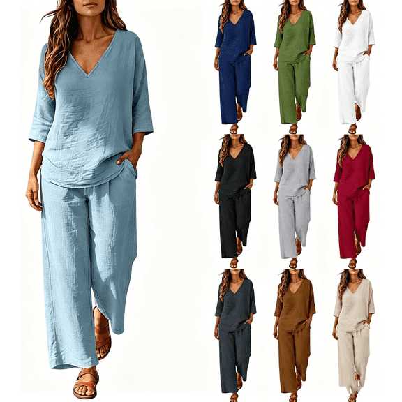 Zynoxe Womens Plus Size Two Piece Sets Cotton Linen V-neck Top Wide Leg Pants Summer Outfits Peasant Gauze Lounge Sets with PocketsNavyS