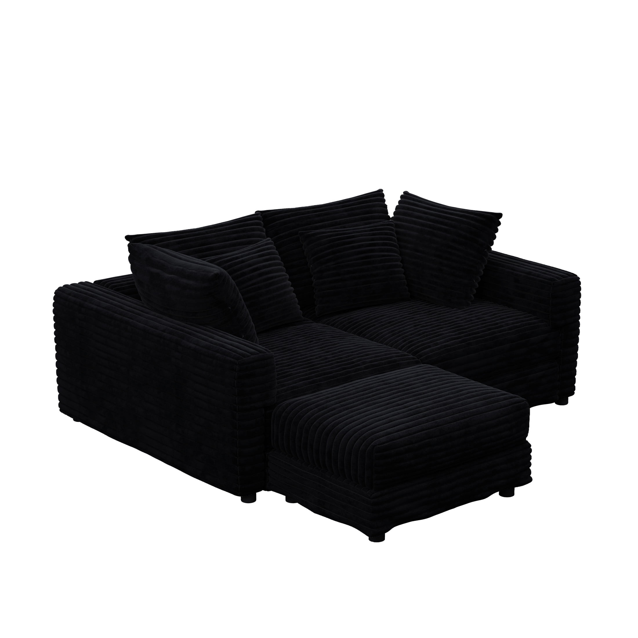 Noble House Nesta 4-Seat Plush Corduroy Cloud Sofa, Convertible Deep Seat Lounge Couch with Ottoman & Soft Pillows, Black