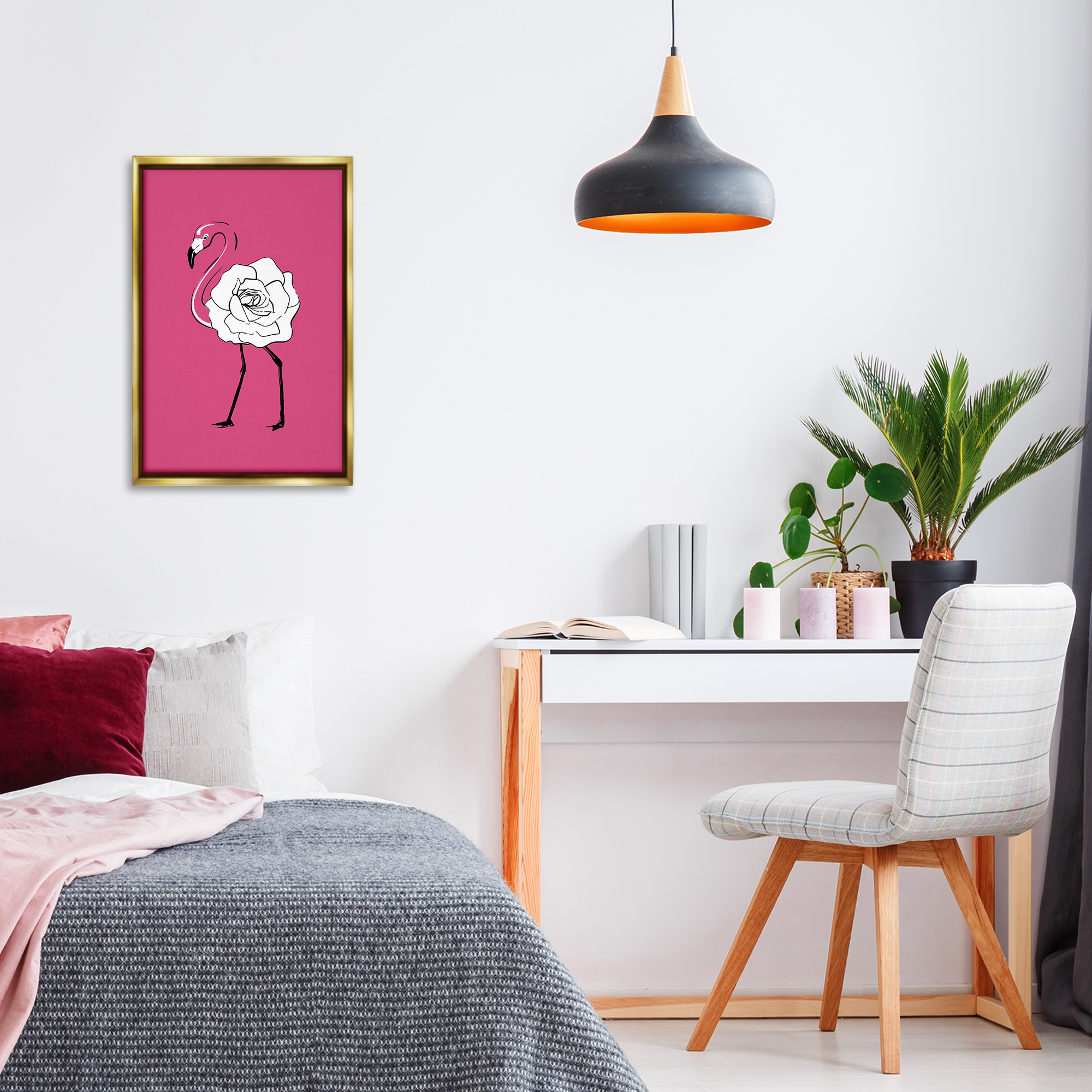Stupell Industries Rose Blossom Flamingo Animals & Insects Painting Gold Floater Framed Canvas Art Print Wall Art, 17 x 25